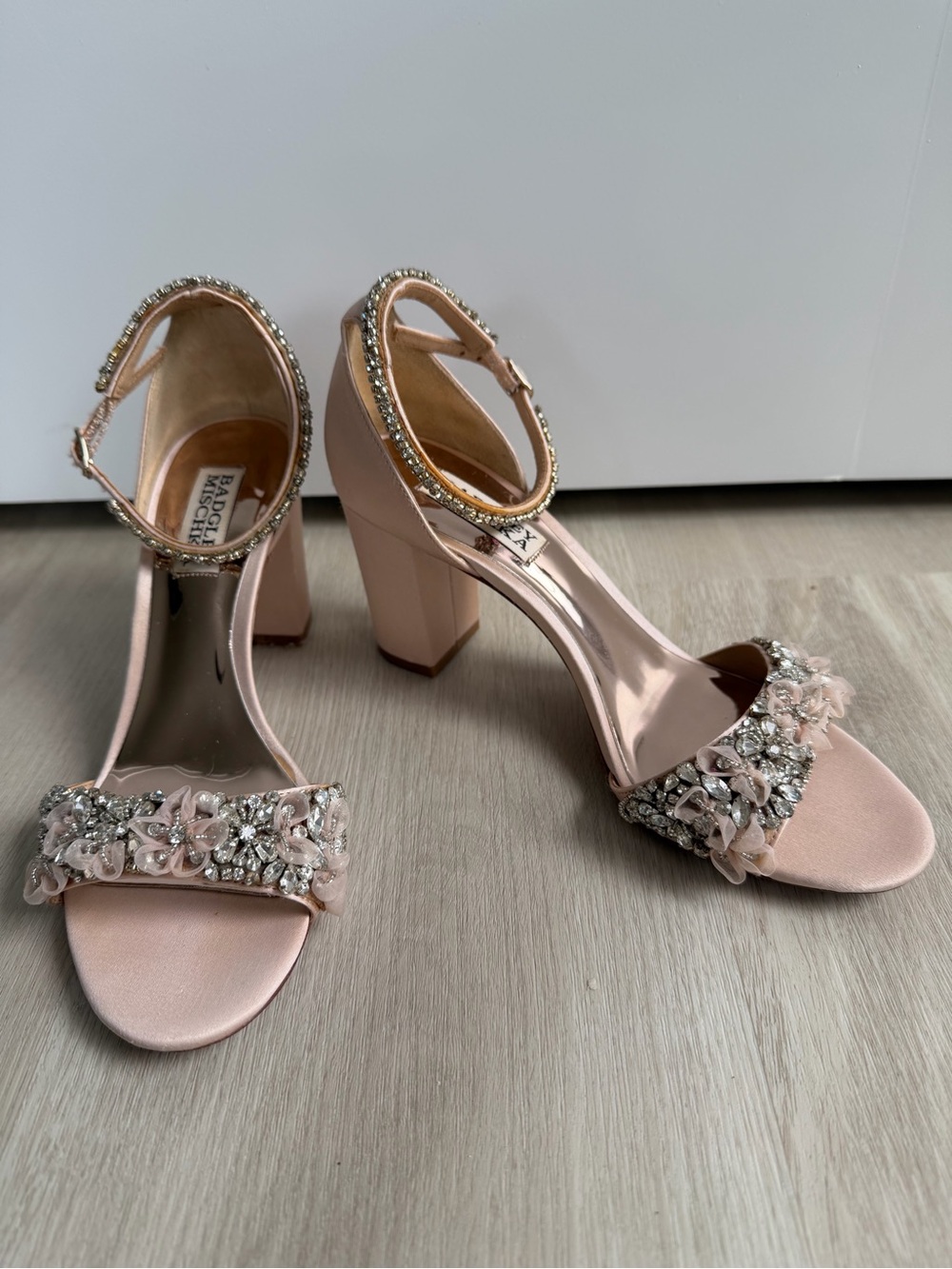 Badgley Mischka Blush Pink Embellished Block Heel Sandals